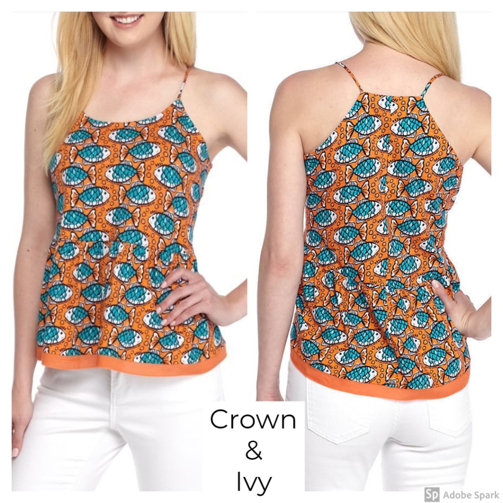 Crown & Ivy Fish Print Peplum Cami Tank Top XS L